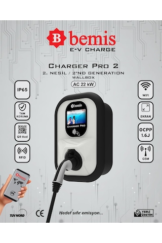 Bemis Charger Pro 2.nesil Ekranlı Elektrikli Araç Şarj Cihazı - 4/7/11/22 Kw - Pano Prizli 4/7/11/22 Kw
