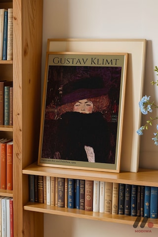 Gustav Klimt Şapkalı Kadın, Ahşap Çerçeveli Duvar Tablosu - Sanatsever Hediyesi