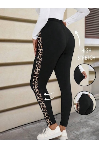 Kadın Yüksek Bel Yanları Leopar Şerit Detay Dalgıç Tayt