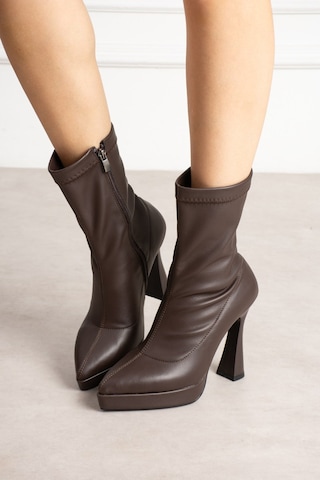 Dabab Shoes Talya Kadın Acı Kahve Streç Cilt Sivri Burun Fermuarlı Platform 11 Cm Kalın Topuklu Bot Bootie Kahverengi