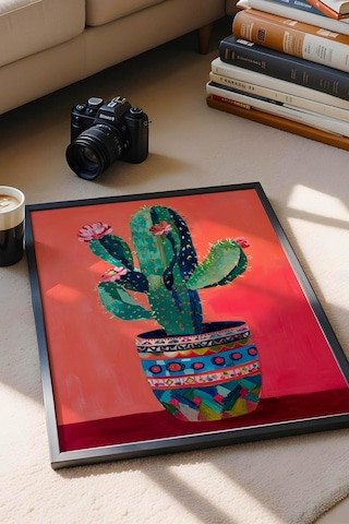 Desenli Saksıda Çiçek Açan Kaktüs Çerçeveli Tablo - Pop Art Poster Tablo