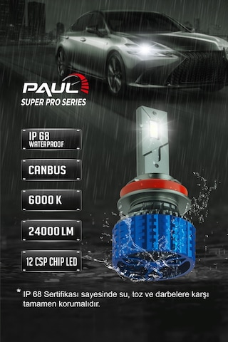 Paul Süper Pro H11-h8-h9-h16 24.000 Lümen Güç Şimşek Etkili Odaklı Ufuk Çizgili Csp Led