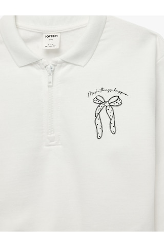Koton Pamuklu Uzun Kollu Yarım Fermuarlı Polo Yaka Sweatshirt Ekru 7wmg10042ak