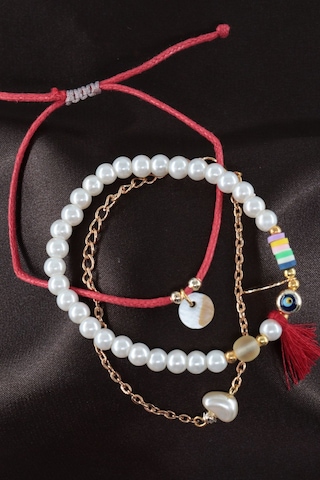 3lü Nazar Boncuklu İncili Püsküllü Asansörlü Lastikli Kırmızı İp Bileklik. Kadın İp Bileklik Halhal Çok Renkli