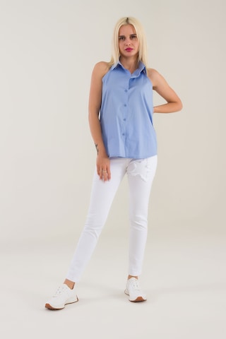 Bold & Young Kadın Mavi Kolsuz Omuz Açık Likralı Poplin Gömlek 9208 Mavi
