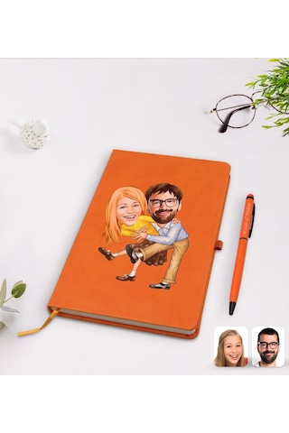 Kişiye Özel Sevgililer Karikatürlü Turuncu Termo Deri Defter Kale N11.2266