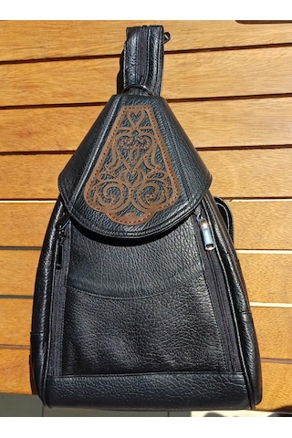 Durush Collection Hakiki Deri, Tasarım El İşlemesi Siyah Sırt Çantası Siyah-kahve