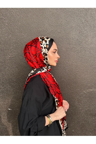 Miorel Scarfs Leopar Tema Cd Tema Vual İpek Şal Aksesuar Fular Silk Scarfs Shawl Hijab Fuşya - Kırmızı