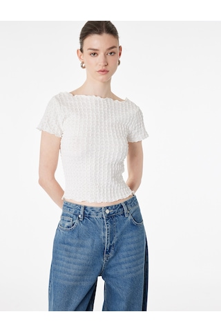 Koton Bürümcük Kumaş Slim Fit Kısa Kollu Omzu Açık Kayık Yaka Bluz Ekru 6sak10364ek