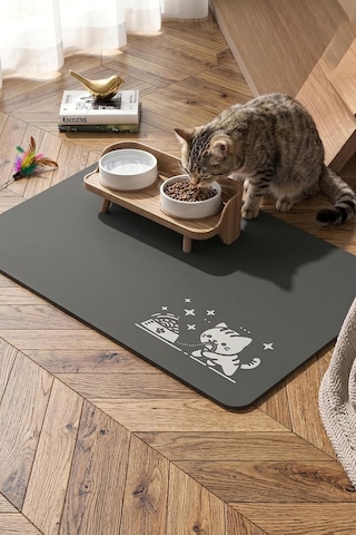 Matgo Pati Mama Çeken Kedi Gri Renk Beslenme Matı Kaymaz Sıvı Geçirmez Kedi Köpek Mama Paspası 50x70cm