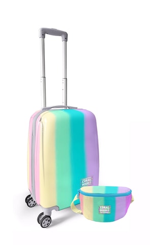 Renkli Çizgili Desenli Kabin Boy Valiz Ve Bel Çantası Seti Çok Renkli