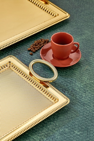 Cooker 2'li Özel Seri Dikdörtgen Model Lüx Metal Çay Sunum, Nişan Tepsisi 35x25 Ve 44x32 Cm Altın