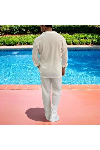 Erkek Bürümcük Krinkıl Kumaş Yazlık Likralı Apaj Yakalı Gömlek Ve Eşofman Takım Kombini Beyaz