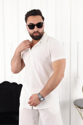 Mcz Giyim Keten Erkek Kısa Kollu Slim Kesim Gömlek Yaka Ekru Pamuk Gömlek Ve Boru Paça Şort Alt Üst Takım