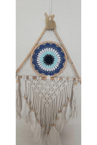Düş Kapanı Üçgen Göz Makrome Dreamcatcher Bambu Nazarlı Beyaz Kuş Tüyü Rüya Kapanı Duvar Süsü Elişi
