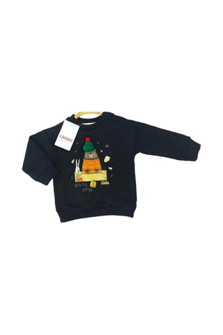 Çikoby Bebek Örgü Şapkalı Ayı Baskılı Sweatshirt-13519 Siyah