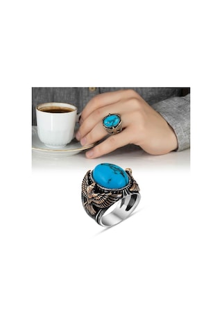 Kartal Işlemeli Turkuaz Firuze Taşlı Gümüş Erkek Yüzük