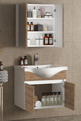Yıldız 55 Cm Beyaz-atlantik Mdf Lavabolu Asma Banyo Dolabı Takımı Beyaz - Atlantik Çam