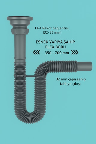 Gri Körüklü Lavabo Sifon Seti Adaptör Conta + Sifon Kelepçesi D