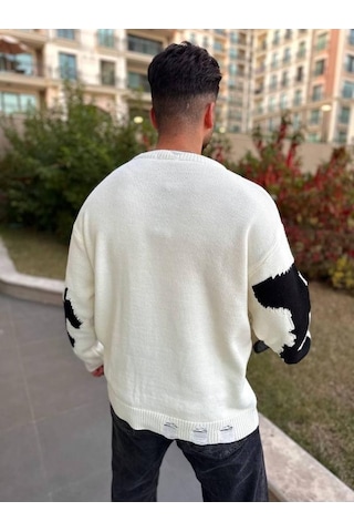 Kazak Çift Kat Örme Natural Pamuk Kazak Yırtık Detaylı Kendinden Desenli Lazer Kesim Salaş Triko Ekru