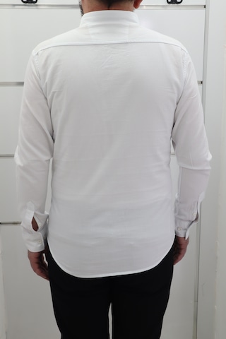 Becces Dmctekstil Erkek 011-001 Düz Spor Kesim Dar Kalıp Çift Cepli Uzun Kollu Yazlık Keten Gömlek Beyaz