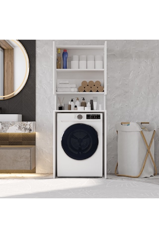 Mobilya Çamaşır Makinesi Dolabı 3 Raflı Kapaklı Banyo Dolabı Beya Beyaz