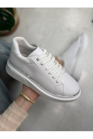 Günlük Kadın Spor Ayakkabı Bağcıklı Hafif Kalın Yüksek Taban Yürüyüş Sneaker 2135 Beyaz
