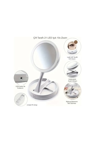 10x Büyütme Çift Taraflı Makyaj Ayna Katlanabilir 21 Led Işıklı Makyaj Aynası Usb Kablo Beyaz