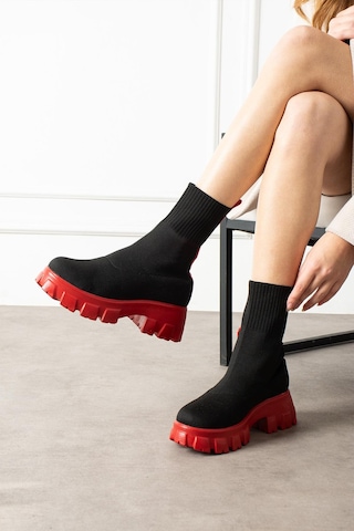 Shoetek Darve Kadın Bot Triko Dokumalı Lacivert Tabanlı Kırmızı Kırmızı