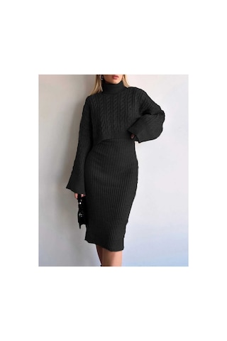 Flex Fashıon Boğazlı Saç Örgü Motifli Popüler Trend Crop Kazak Ve Triko Elbise Takım Siyah - 612102340 Siyah - 612102340 Siyah