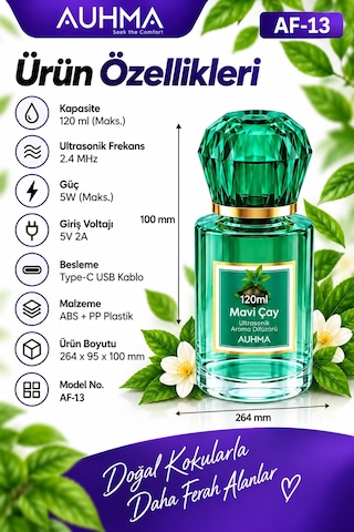 Ultrasonik Aroma Difüzörü 120 Ml Mavi Çay Kokulu Led Işıklı Araç Ve Oda Kokusu Aklby-bsva58
