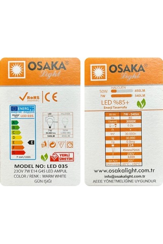 8 Adet Osaka 7w 50w Sarı Işık E14 Duylu İnce Duy Led Mini Ampul
