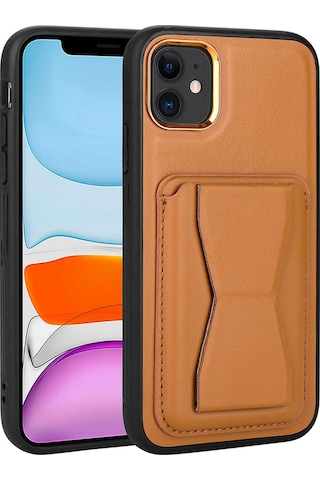 Noktaks - İphone 12 Uyumlu Kılıf Tek Kart Bölmeli Standlı Pu Deri Memo Kapak - Kahverengi - T25959