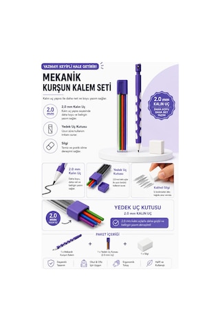 2.0 Mm Renkli Uç Ve Silgi Hediyeli 2.0 Mm Uçlu Kalem Seti 1 Adet Mor