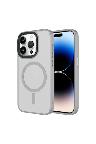 Techaks Apple Uyumlu iPhone 14 Pro Kılıf Mat Arka Yüzey Wireless Şarj Özellikli Tchs Flet M-safe Kapak - Gri Gri