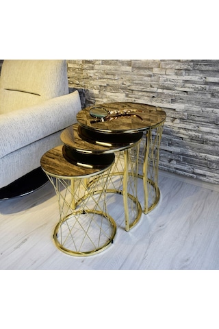 3 'Lü HASIR ZİGON SEHPA CAM: BRONZ AYNA AYAK: GOLD