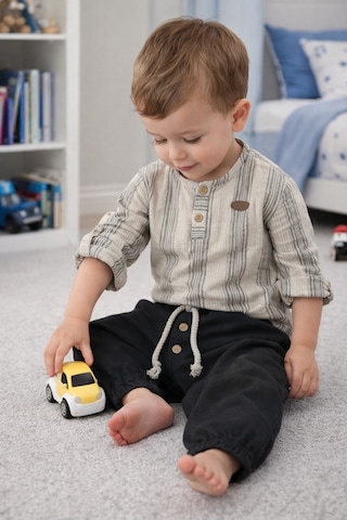 Babyhola Bayramlık Erkek Bebek İkili Takım Katlanabilir Kollu Müslin Üst Ve Pantolon Set 2218 Füme