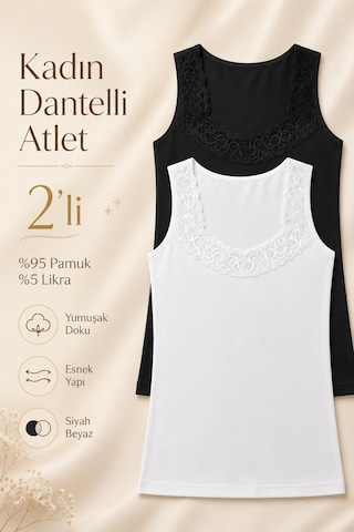 Nicoletta Kadın Atlet Geniş Askılı Dantelli 2 Li Paket Siyah-beyaz Siyah - Beyaz