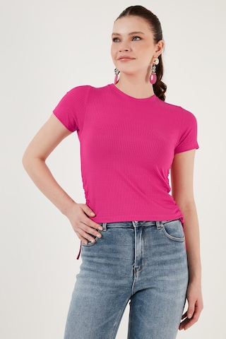 Lela Yanlardan Büzgülü Kısa Kollu Crop Bayan Bluz 5864010 Fuşya