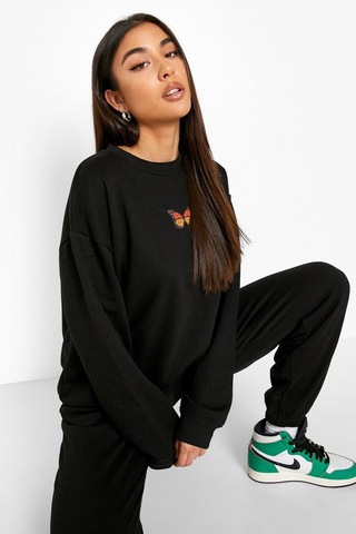 Ay Montana Lunavısta Kadın Pempe Kelebek Baskılı Sweatshirt Alt Üst Eşofman Takımı Rsatk002 Siyah