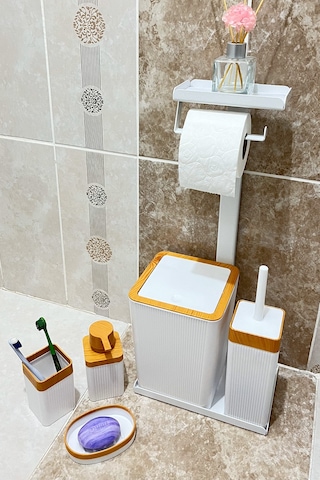 6 Parça Banyo Seti Çöp Kovası, Wc Fırça, Tuvalet Kağıtlık, Diş Fırçalık, Sıvı Sabunluk, Sabunluk Beyaz - Kahverengi