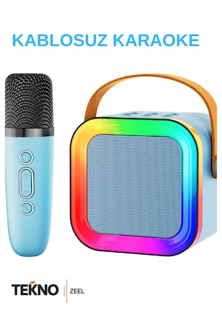 Teknozeel Mikrofonlu Karaoke 5 Ses Efektli Rgb Led Işıklı Bluetooth Kablosuz Hoparlör Ses Bombası Mavi Renk