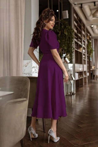 Defymoda Kadın Kruvaze Yaka Midi Boy Kuşaklı Krep Elbise 120 Cm Mürdüm