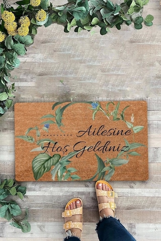 Valerine Life Mavi Papatya Yaprak Kişiye, İsme Ve Aileye Özel Hoş Geldiniz Kapı Önü Paspası 45x70cm Kahverengi