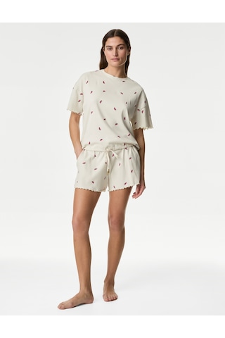 Marks & Spencer Regular Fit Kısa Kollu Pijama Üstü T37003510T Krem Mix
