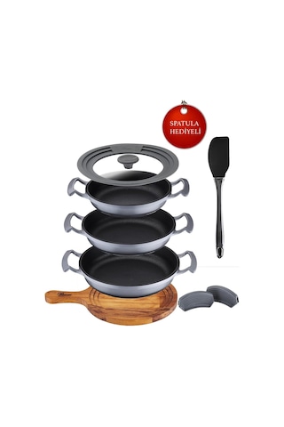 Try Cook 7 Parça Gri Yanmaz Yapışmaz Diamond Kaplama Sahanlık Tava Seti Çok Renkli