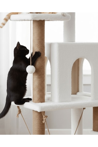 Reyo Pet Y01 Salıncaklı Yuvalı Lüx Kedi Tırmalama Oyun Evi Beyaz