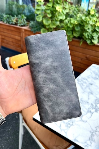Montana Unisex Gri Hakiki Deri Manyetik Telefon Cüzdanı - Isim'e Özel Baskı Sevgililer Günü Hediyesi Gri