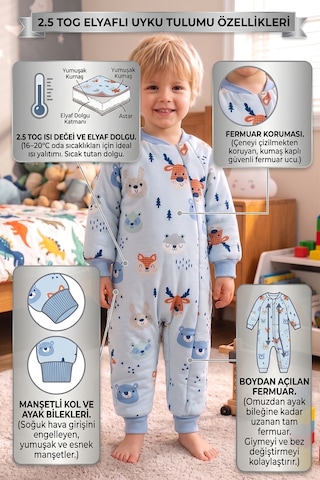 Babymod Ayıcık Desenli 2,5 Tog Elyaf Dolgulu Premium Kalite Kız Erkek Çocuk Uyku Tulumu Mavi