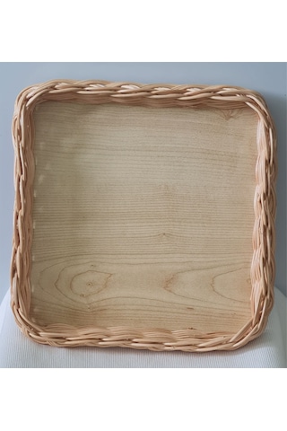 El Yapımı Bambu Rattan Örgü Kare Dekoratif Tepsi 25x25 Cm Ahşap